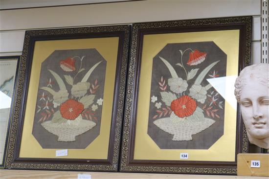 A pair of framed silk embroideries